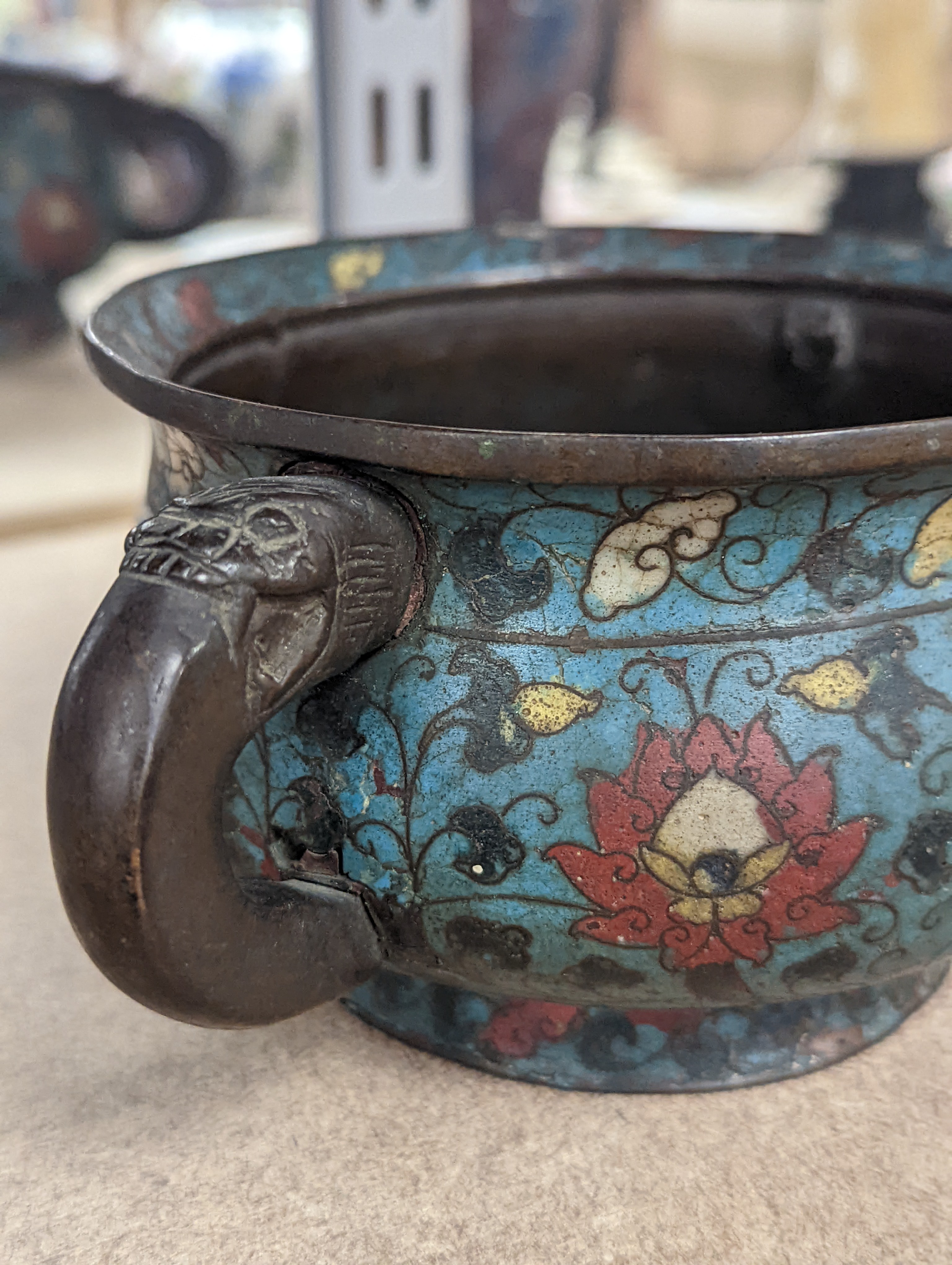 A Chinese late Ming dynasty bronze and cloisonné enamel ding censer 18cm